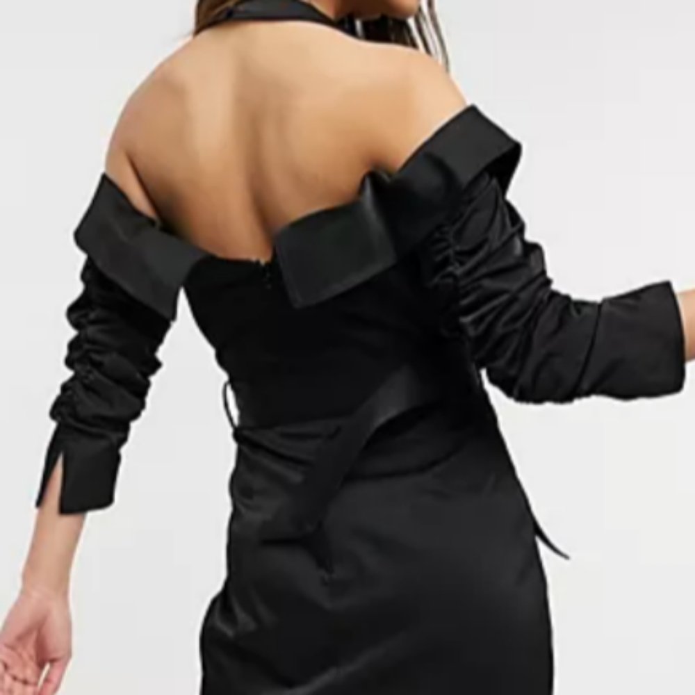asos design black halter tux dress with ruched sleeve and belt detail size 12 - Picture 2 of 5
